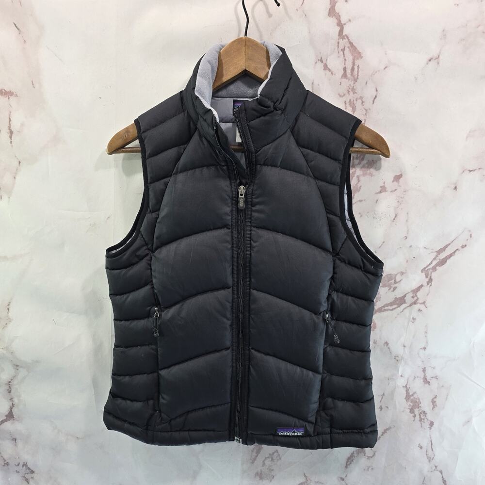 Patagonia Down Vest Womens XS Black 700 Fill Power FP Gray Fleece Collar Goose